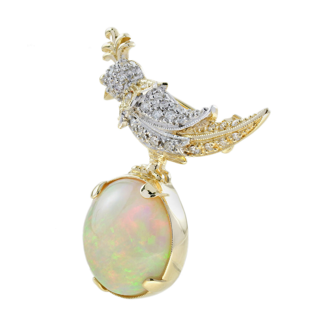 White Ethiopian Opal Diamond Vintage Style Wonderful Bird Parrot Gold Pin Brooch