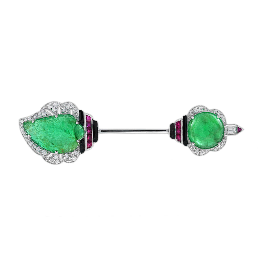 Carved Emerald & Ruby Diamond Vintage Inspired Art Deco Style Gold Pin Brooch