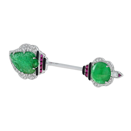 Carved Emerald & Ruby Diamond Vintage Inspired Art Deco Style Gold Pin Brooch