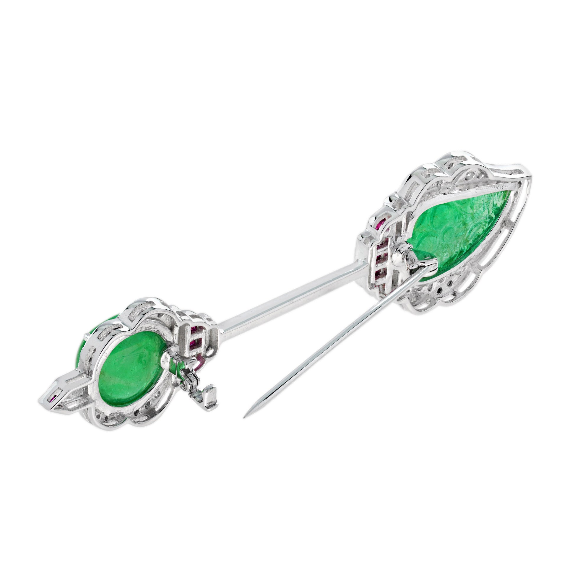 Carved Emerald & Ruby Diamond Vintage Inspired Art Deco Style Gold Pin Brooch