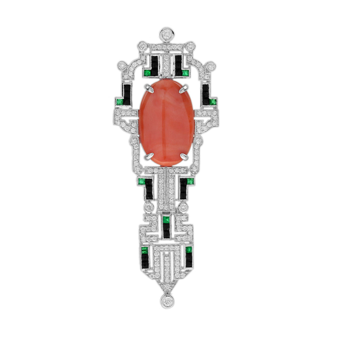 Oval Shape Red Coral & Diamond Onyx Art Deco Style 14K White Gold Pin Brooch