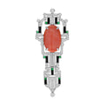 Oval Shape Red Coral & Diamond Onyx Art Deco Style 14K White Gold Pin Brooch