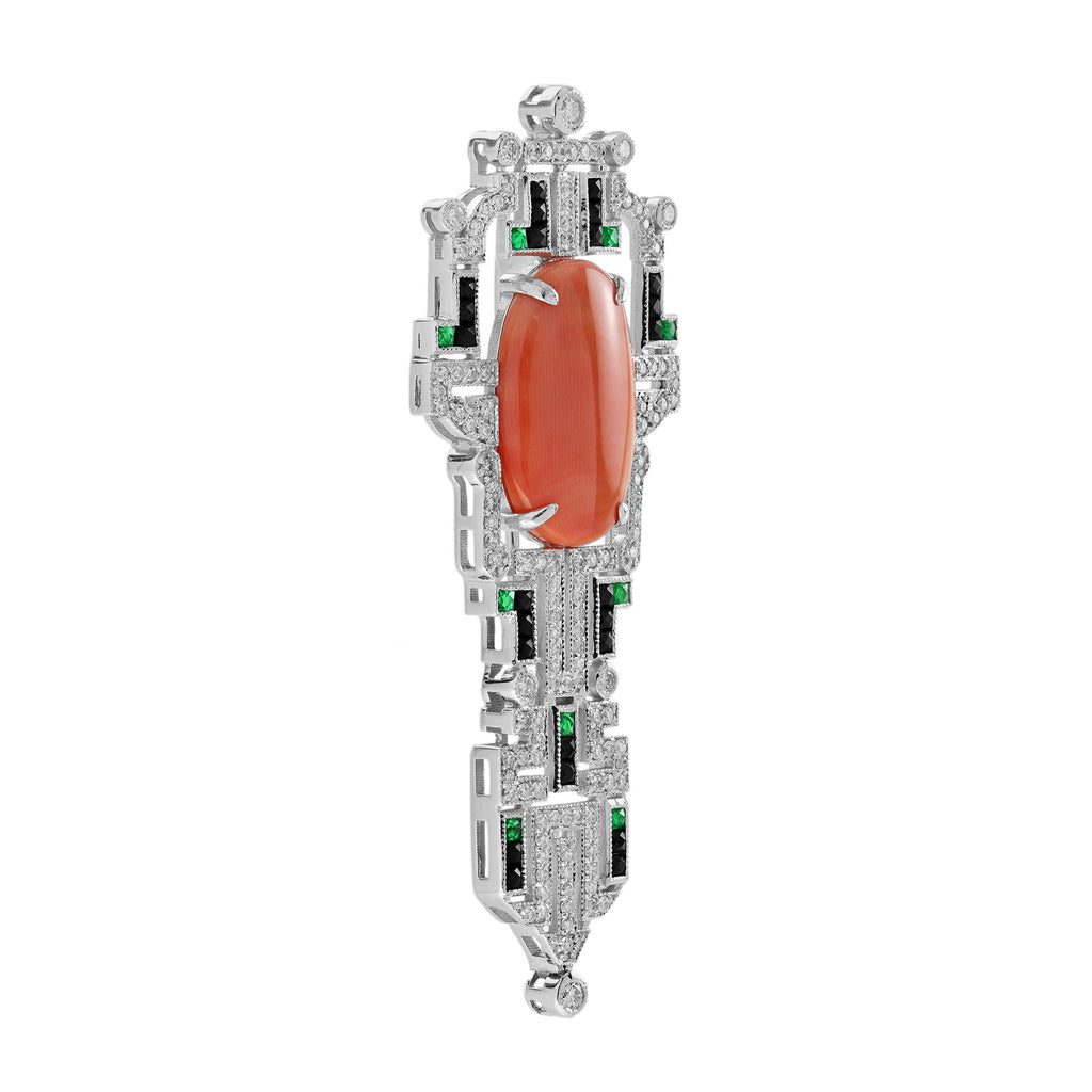 Oval Shape Red Coral & Diamond Onyx Art Deco Style 14K White Gold Pin Brooch