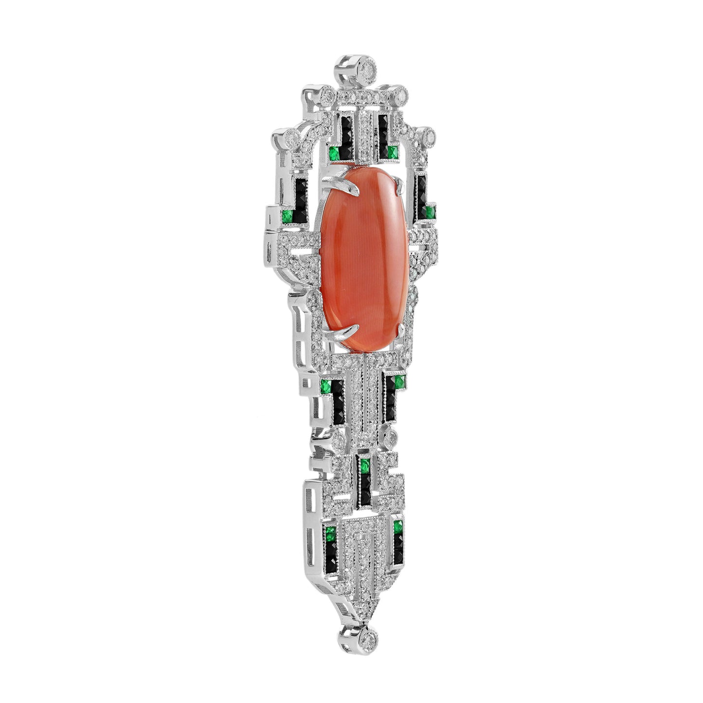 oval shape red coral & diamond onyx art deco style 14k white gold pin brooch