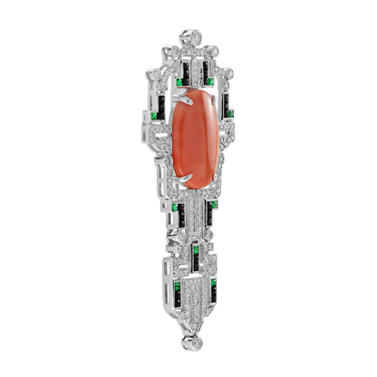 Oval Shape Red Coral & Diamond Onyx Art Deco Style 14K White Gold Pin Brooch