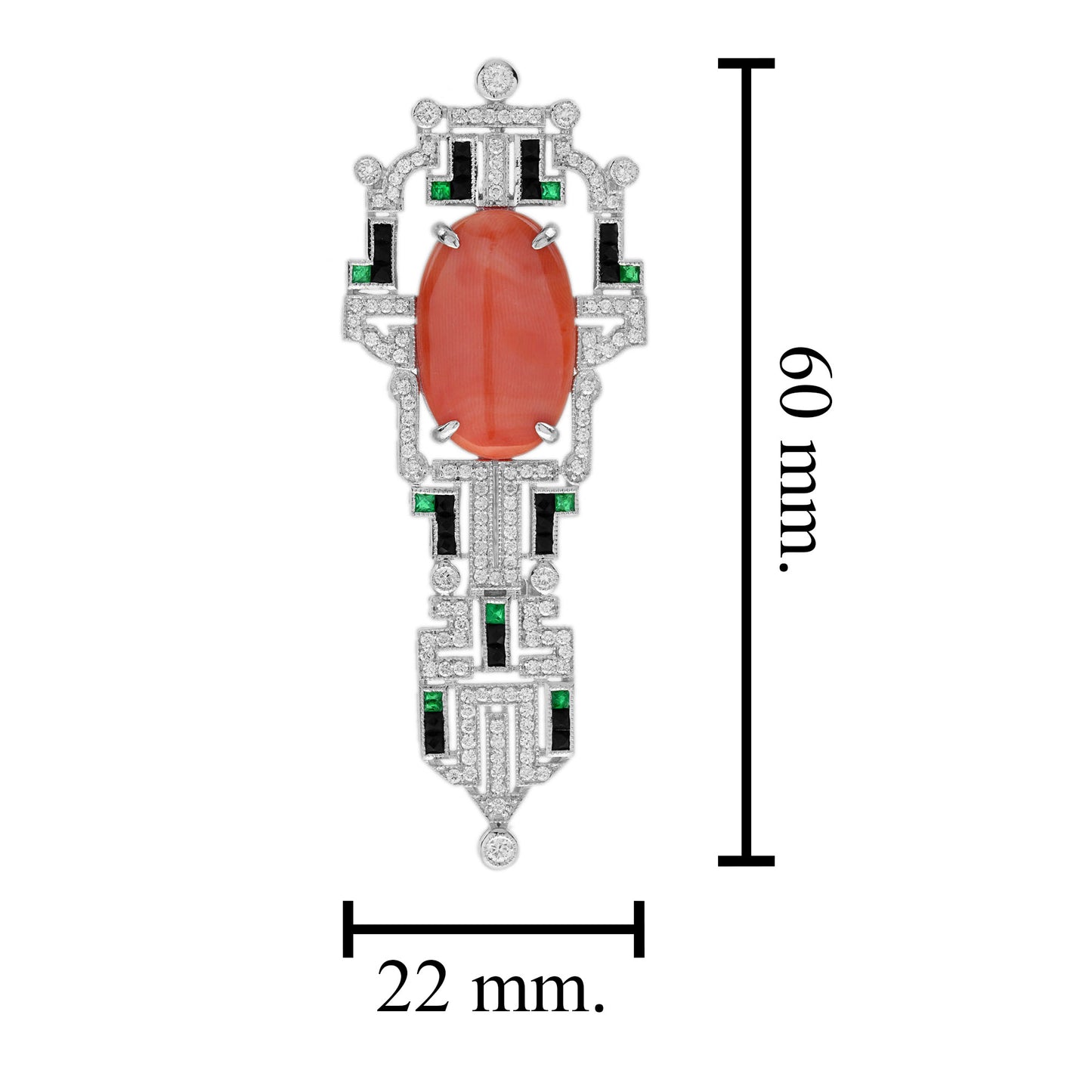 oval shape red coral & diamond onyx art deco style 14k white gold pin brooch
