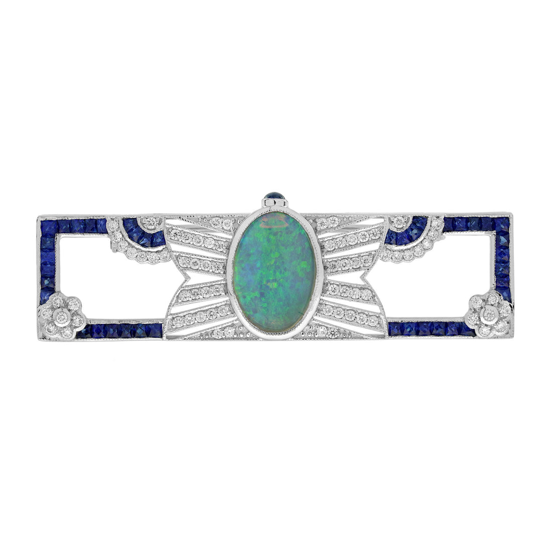 Opal & Blue Sapphire Diamond Art Deco Style Openwork Pin White Gold Brooch