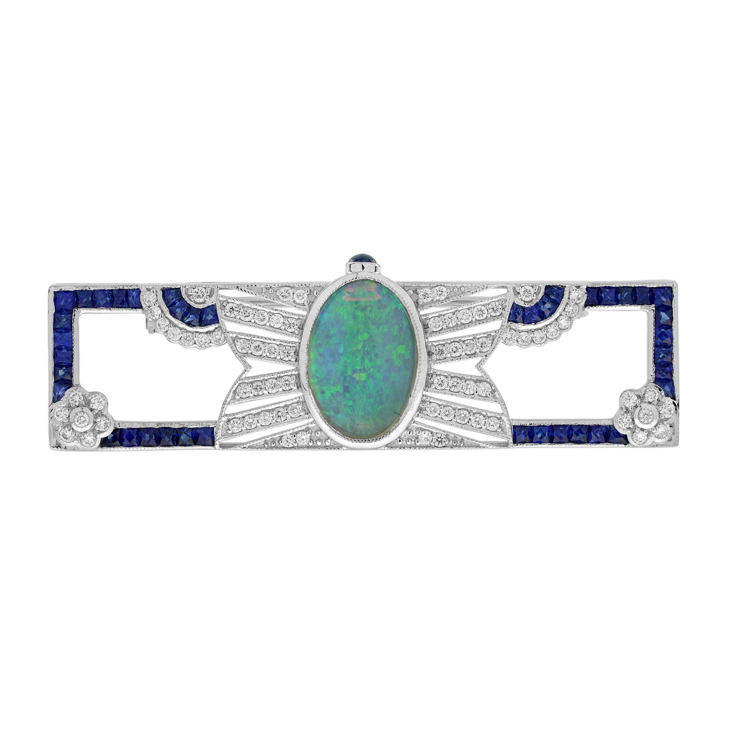 Opal &amp; Blue Sapphire Diamond Art Deco Style Openwork Pin White Gold Brooch