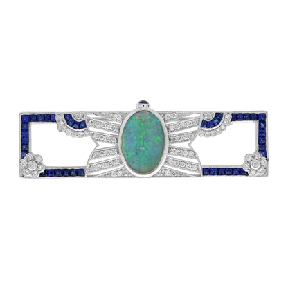 Opal & Blue Sapphire Diamond Art Deco Style Openwork Pin White Gold Brooch
