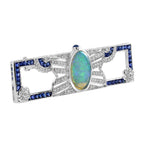 Opal & Blue Sapphire Diamond Art Deco Style Openwork Pin White Gold Brooch