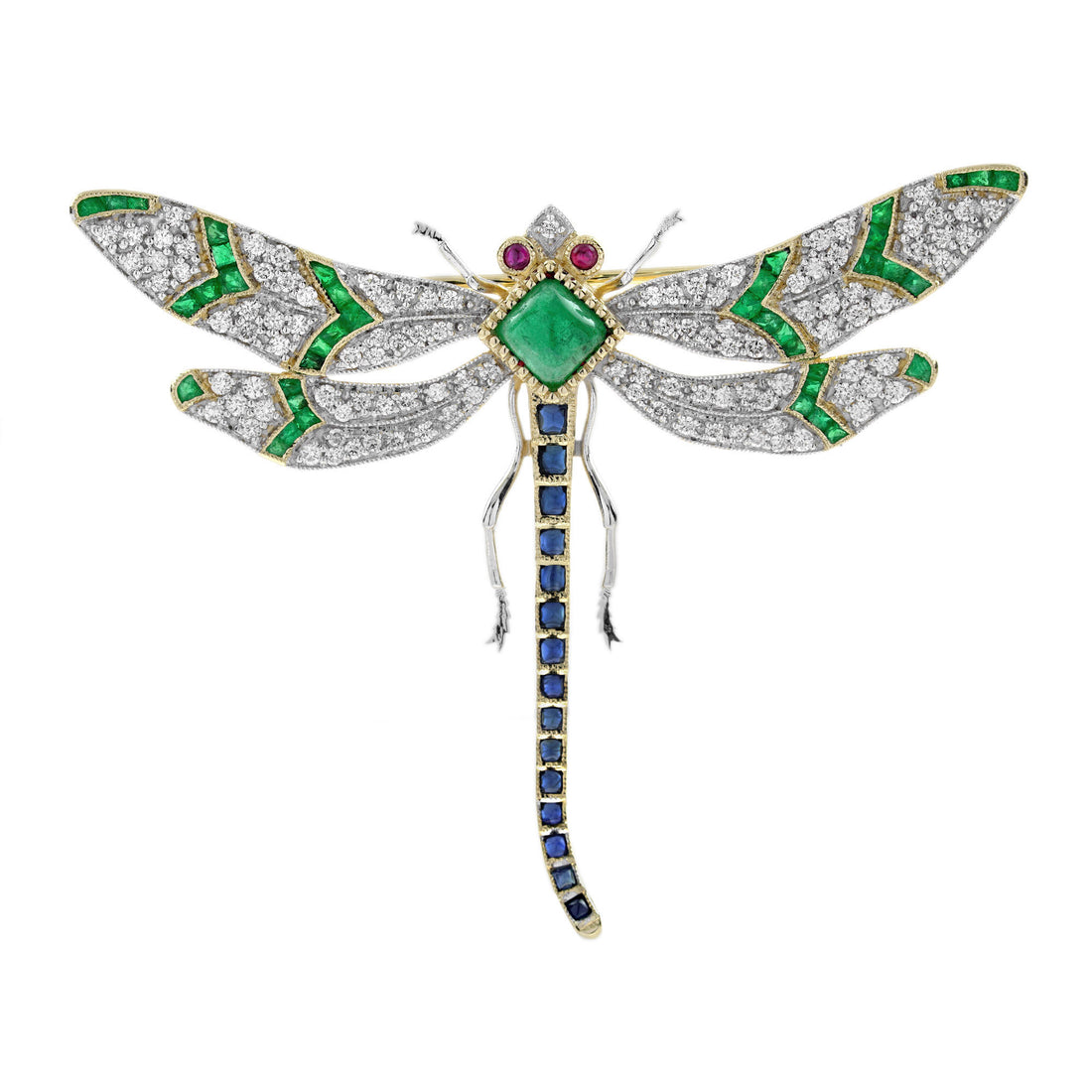 Multi  Green Emerald Blue Sapphire Diamond Vintage Style Gold Dragonfly Brooch