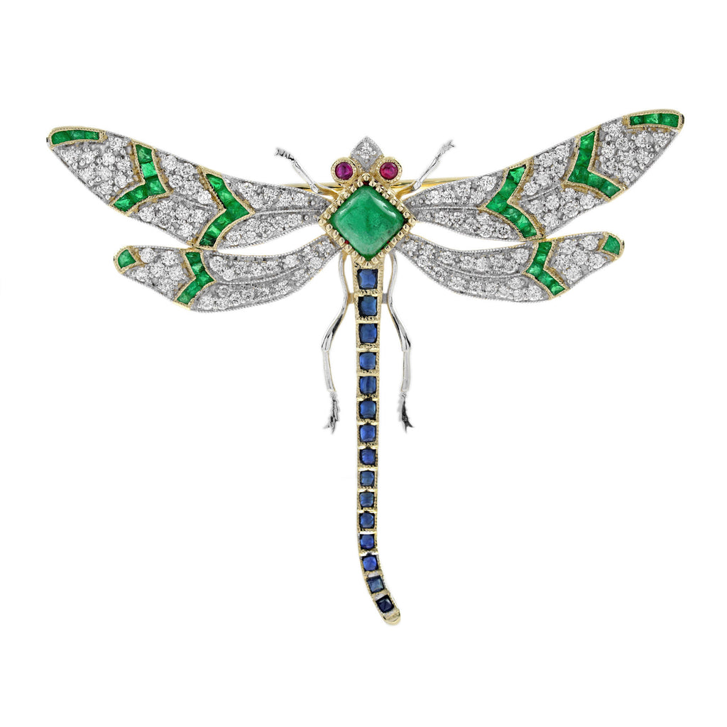 Multi  Green Emerald Blue Sapphire Diamond Vintage Style Gold Dragonfly Brooch