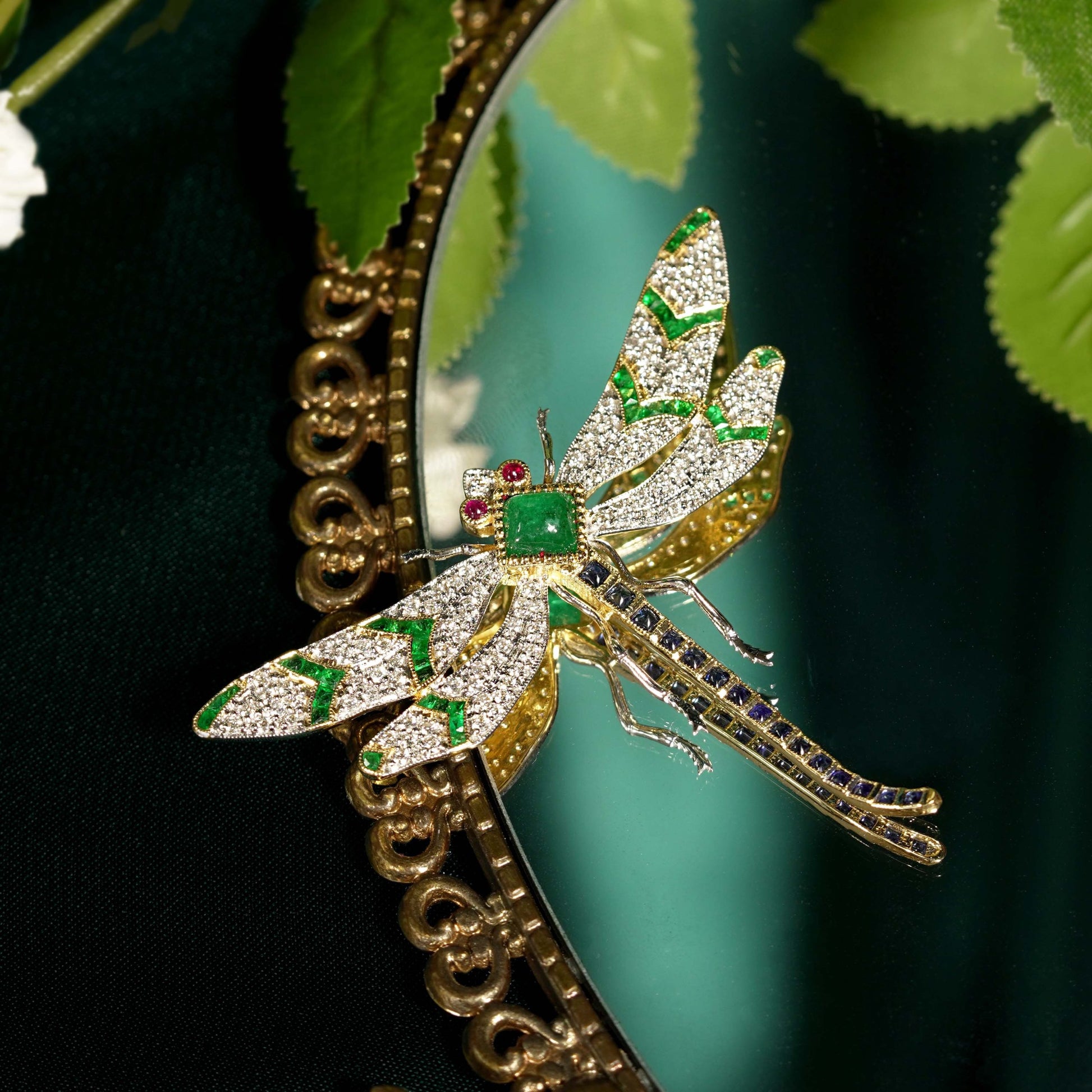 Multi  Green Emerald Blue Sapphire Diamond Vintage Style Gold Dragonfly Brooch