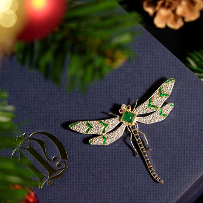 Multi  Green Emerald Blue Sapphire Diamond Vintage Style Gold Dragonfly Brooch