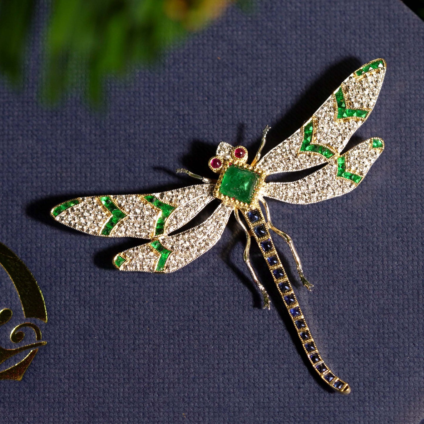 multi  green emerald blue sapphire diamond vintage style gold dragonfly brooch
