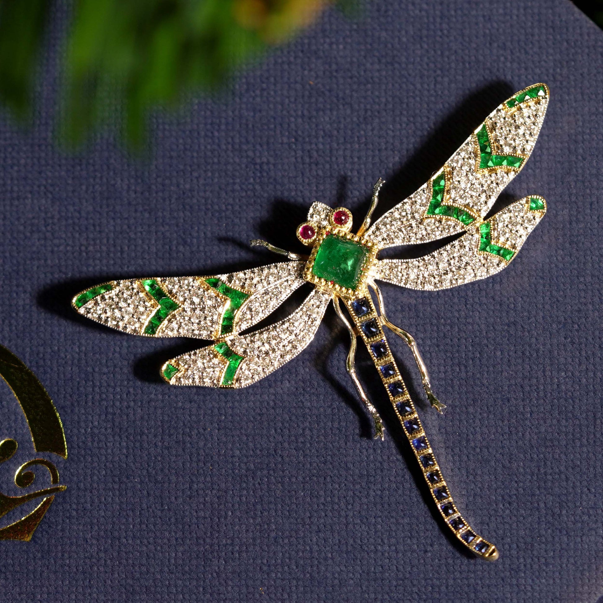 Multi  Green Emerald Blue Sapphire Diamond Vintage Style Gold Dragonfly Brooch