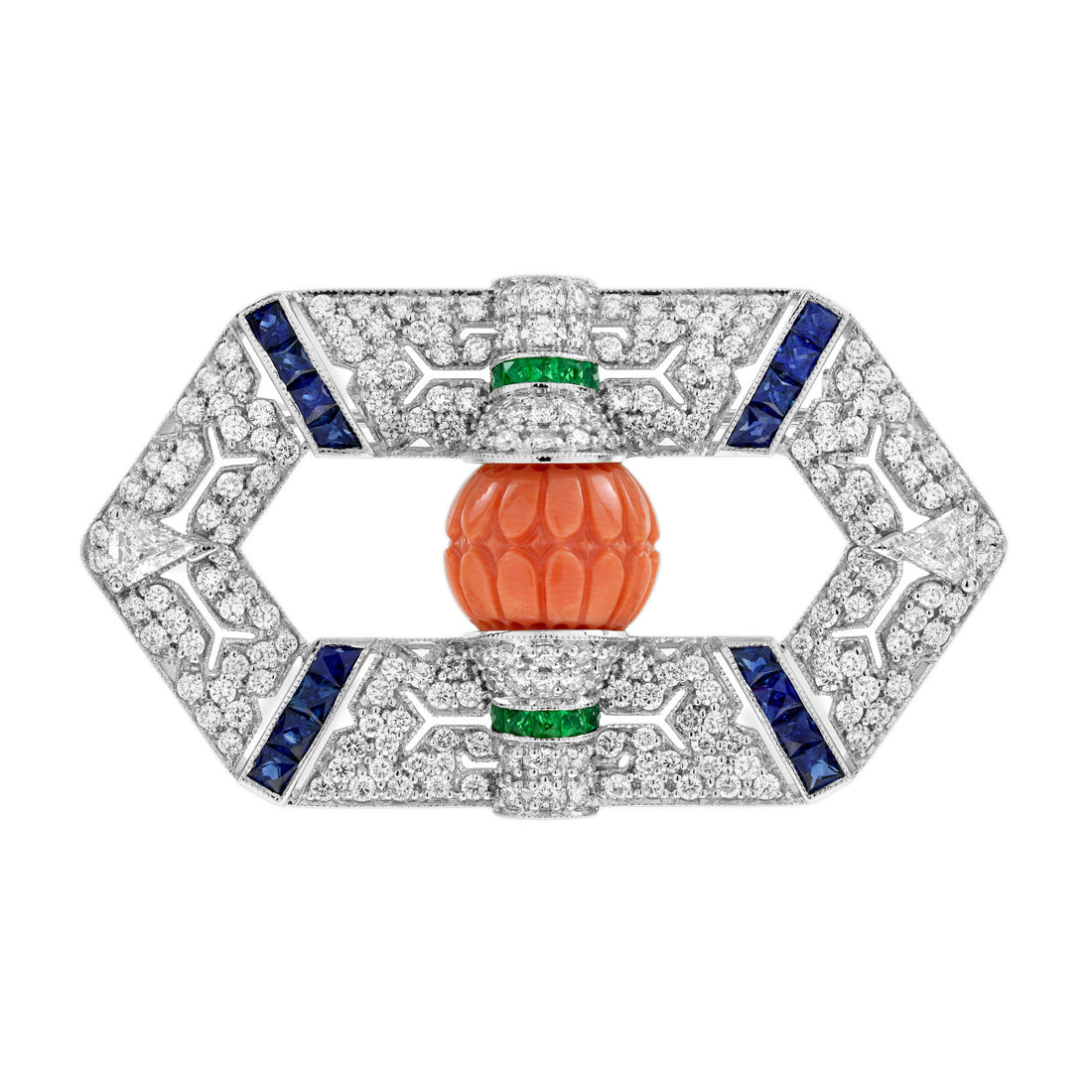 Carved Orange Coral Emerald Sapphire & Diamond Antique Style Pin Brooch