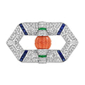 Carved Orange Coral Emerald Sapphire & Diamond Antique Style Pin Brooch