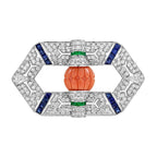 Carved Orange Coral Emerald Sapphire & Diamond Antique Style Pin Brooch