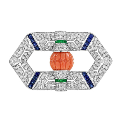 Carved Orange Coral Emerald Sapphire & Diamond Antique Style Pin Brooch