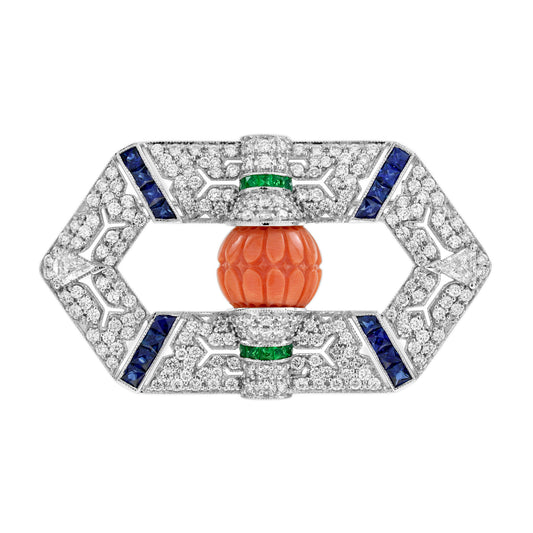 Carved Orange Coral Emerald Sapphire & Diamond Antique Style Pin Brooch