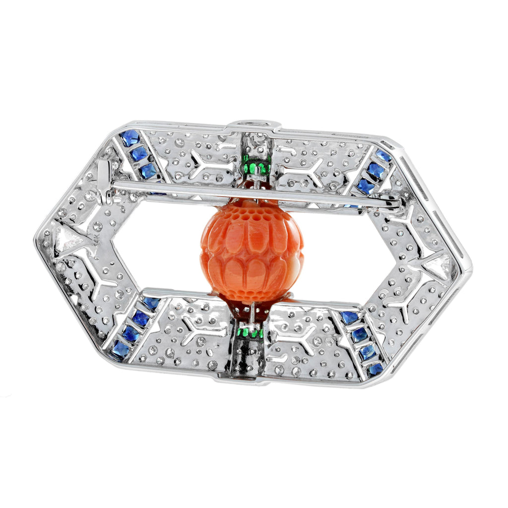 Carved Orange Coral Emerald Sapphire & Diamond Antique Style Pin Brooch