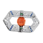 Carved Orange Coral Emerald Sapphire & Diamond Antique Style Pin Brooch
