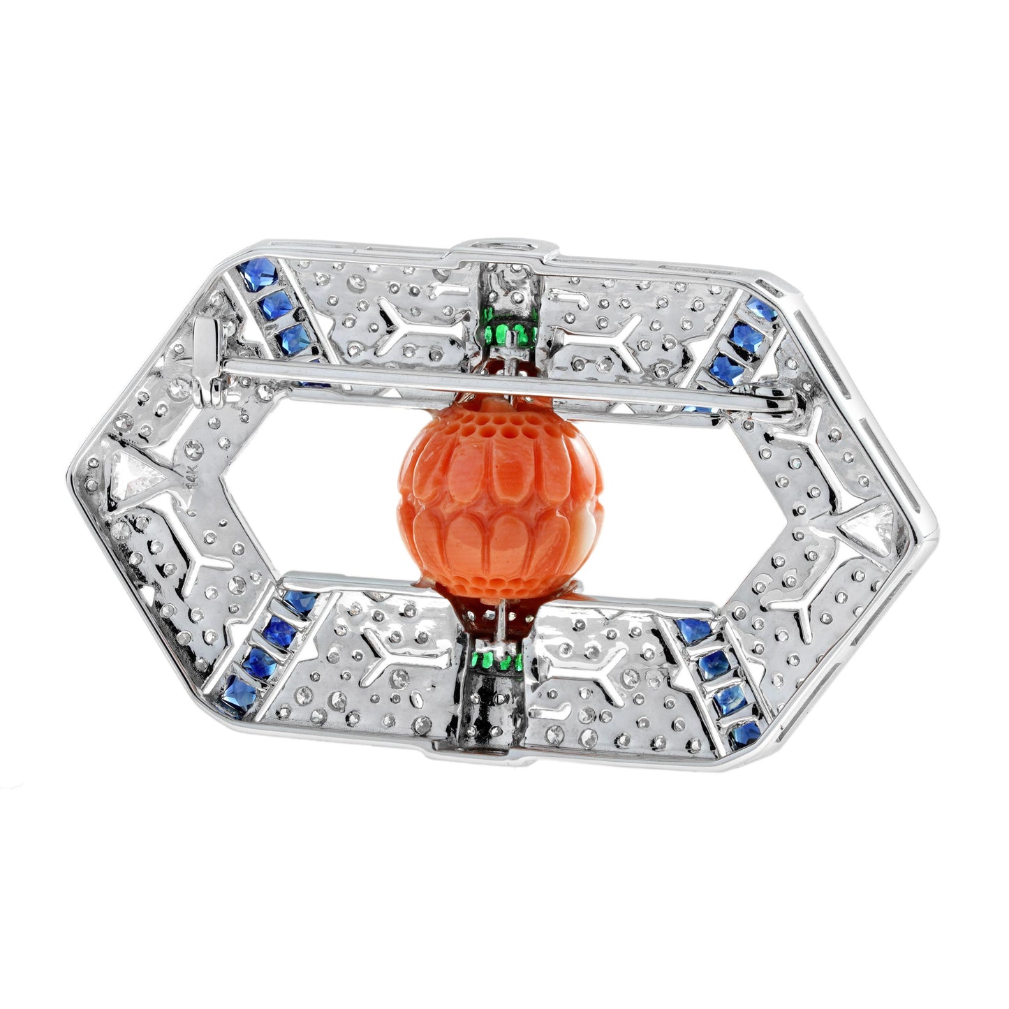 carved orange coral emerald sapphire & diamond antique style pin brooch