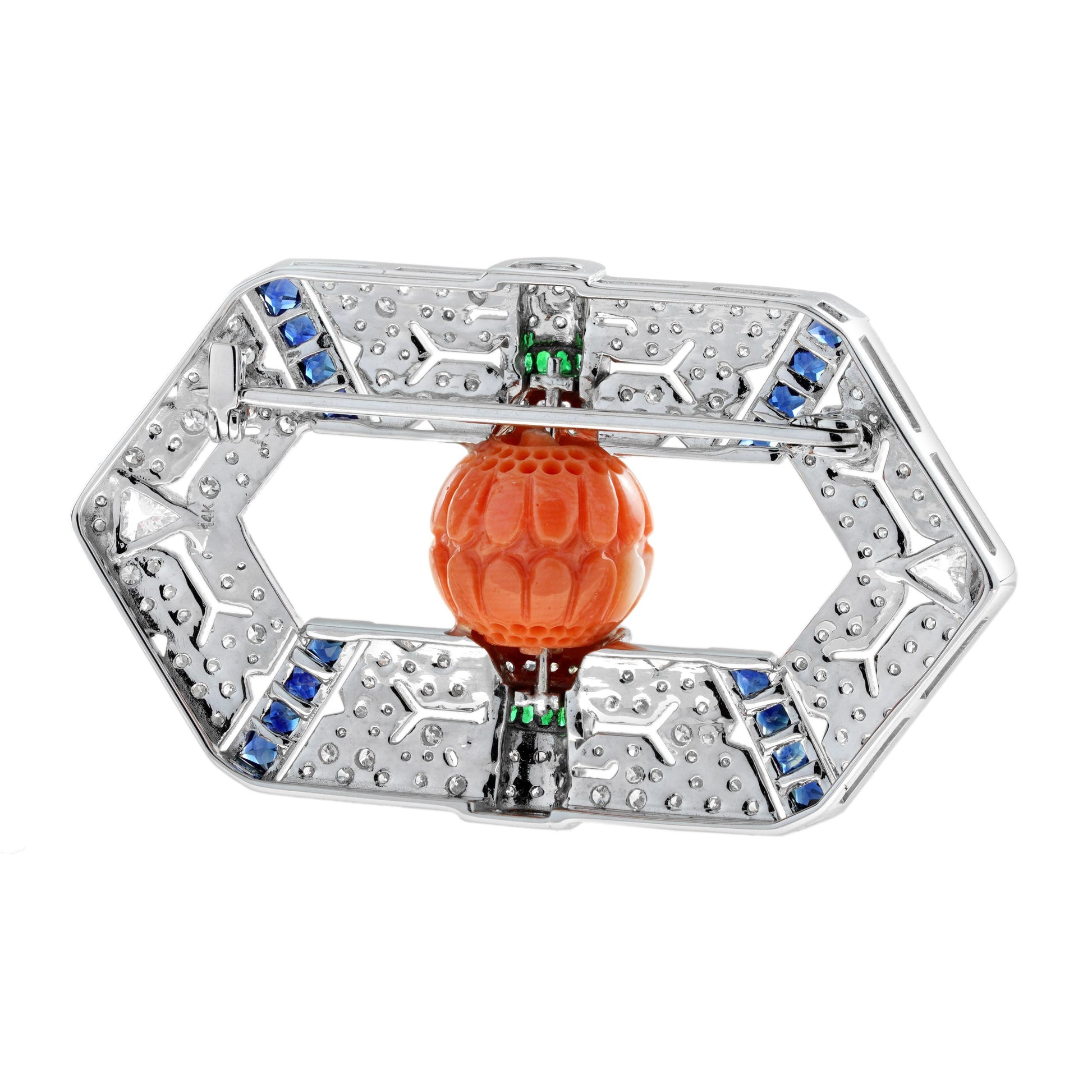 Carved Orange Coral Emerald Sapphire & Diamond Antique Style Pin Brooch