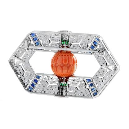 Carved Orange Coral Emerald Sapphire & Diamond Antique Style Pin Brooch