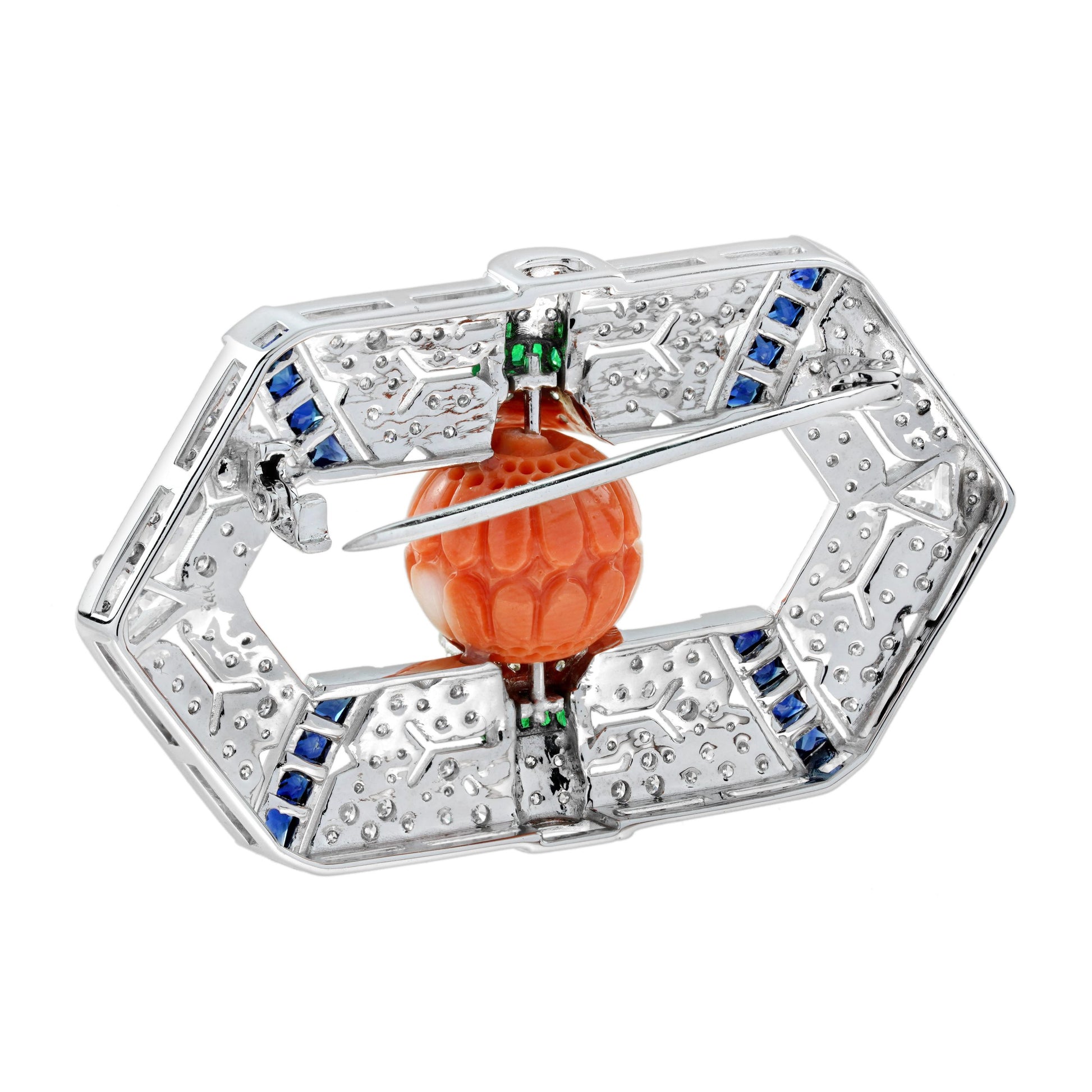 Carved Orange Coral Emerald Sapphire & Diamond Antique Style Pin Brooch