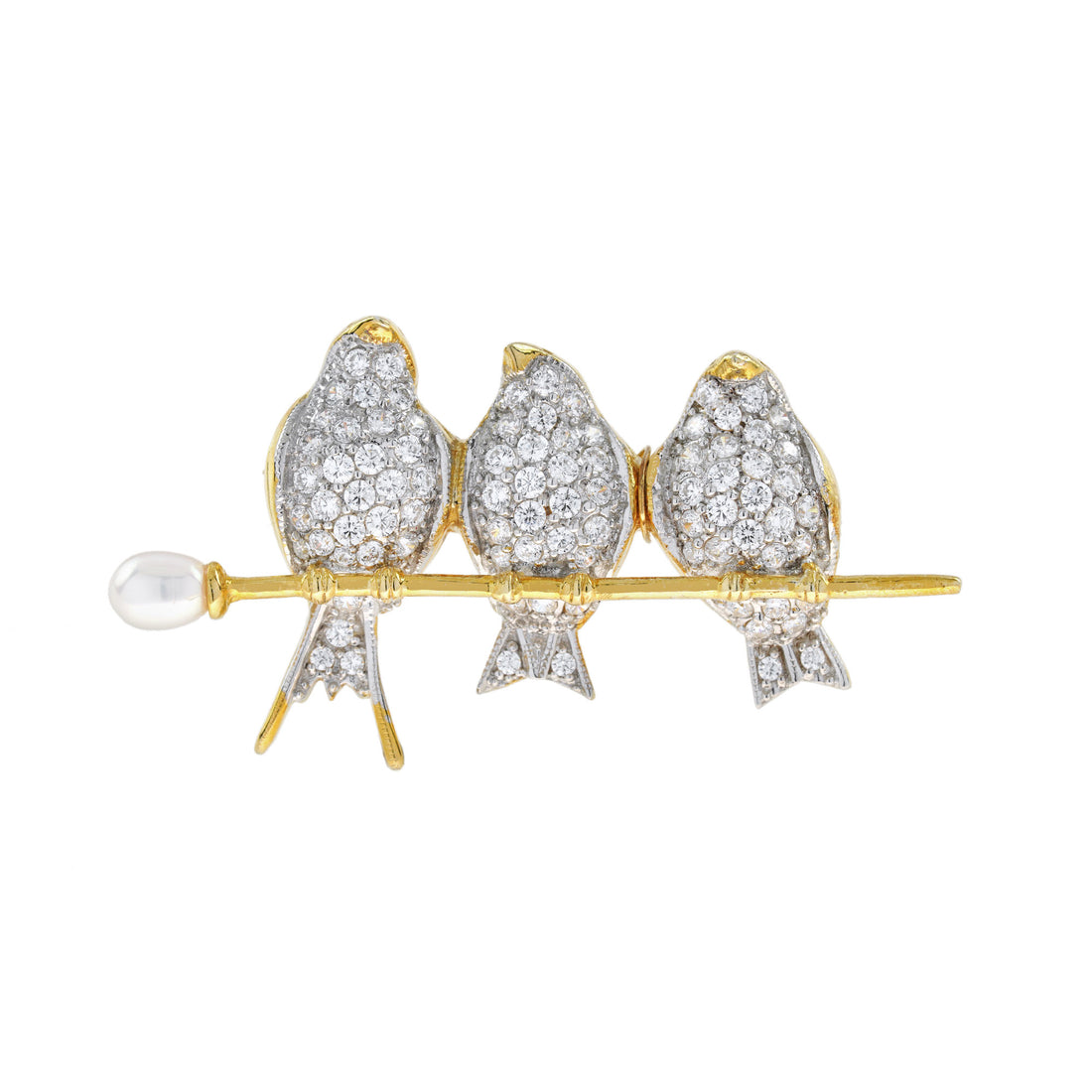 Diamond Birds Parrots & Pearl Branch Vintage Style Brooch 14K Two Tone Gold