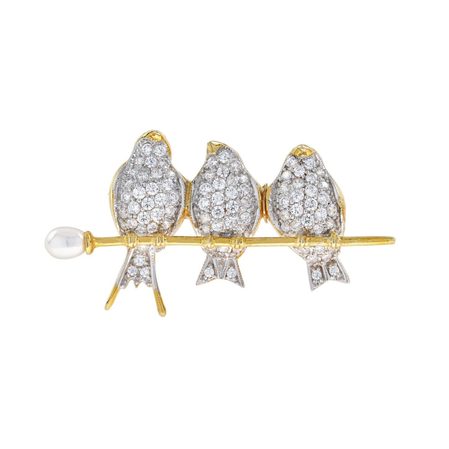 diamond birds parrots & pearl branch vintage style brooch 14k two tone gold