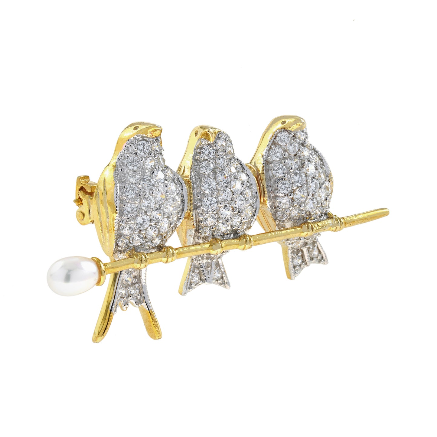 diamond birds parrots & pearl branch vintage style brooch 14k two tone gold