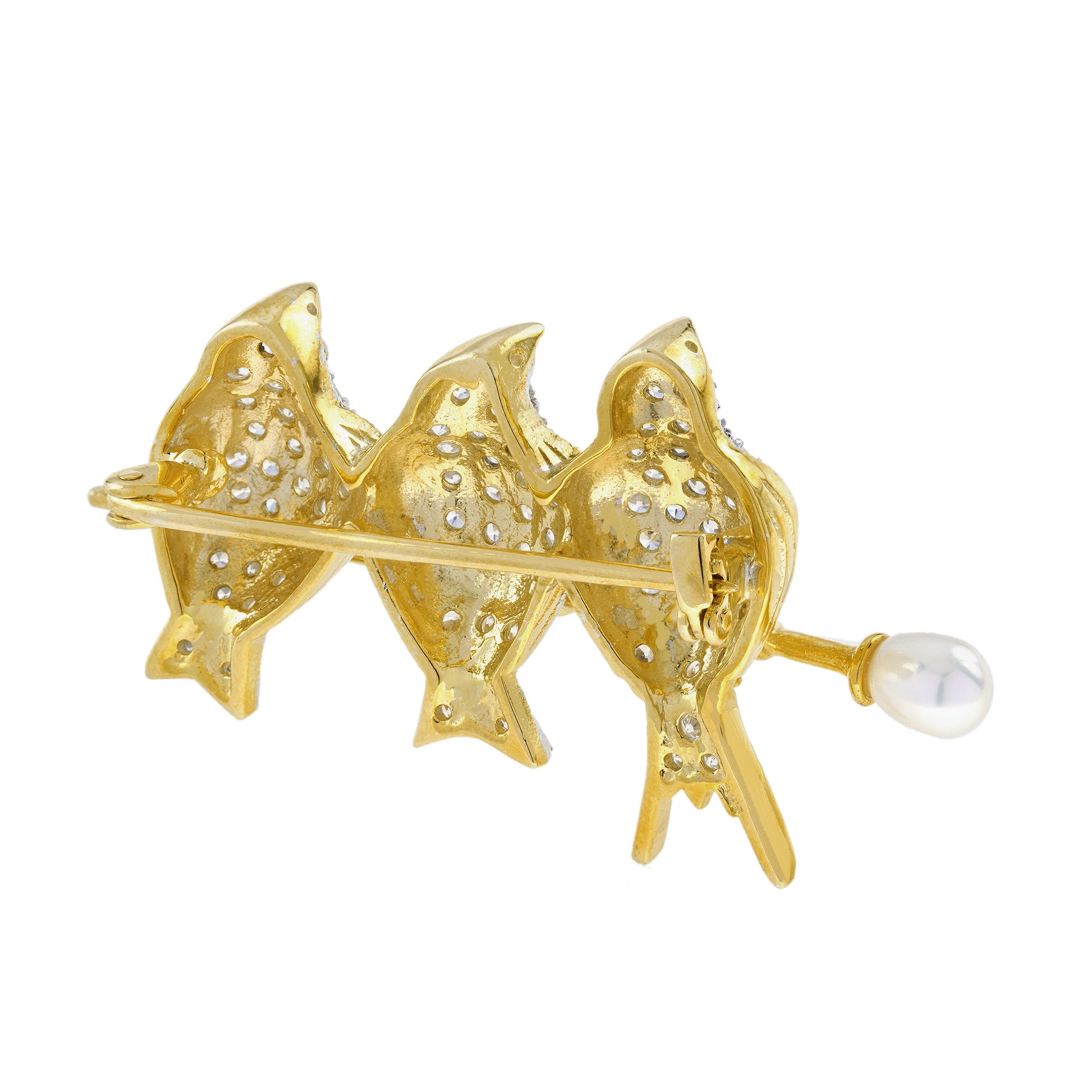 Diamond Birds Parrots & Pearl Branch Vintage Style Brooch 14K Two Tone Gold
