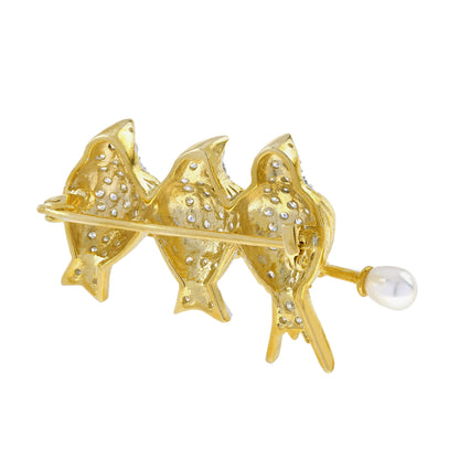 Diamond Birds Parrots & Pearl Branch Vintage Style Brooch 14K Two Tone Gold