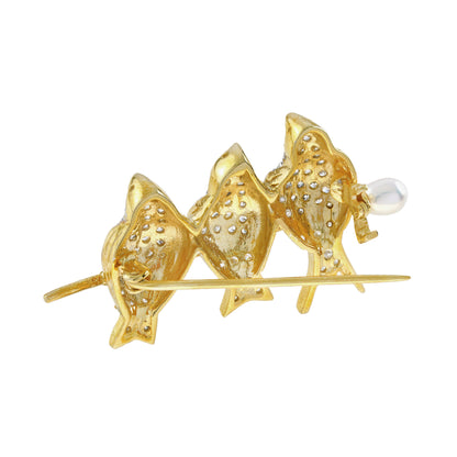 Diamond Birds Parrots & Pearl Branch Vintage Style Brooch 14K Two Tone Gold