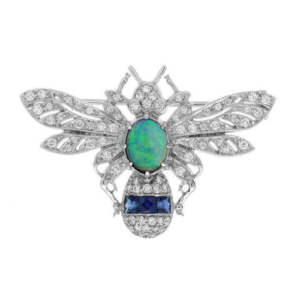 2.84 Ctw Vintage Style Opal, Diamond & Blue Sapphire 18K White Gold Bee Brooch