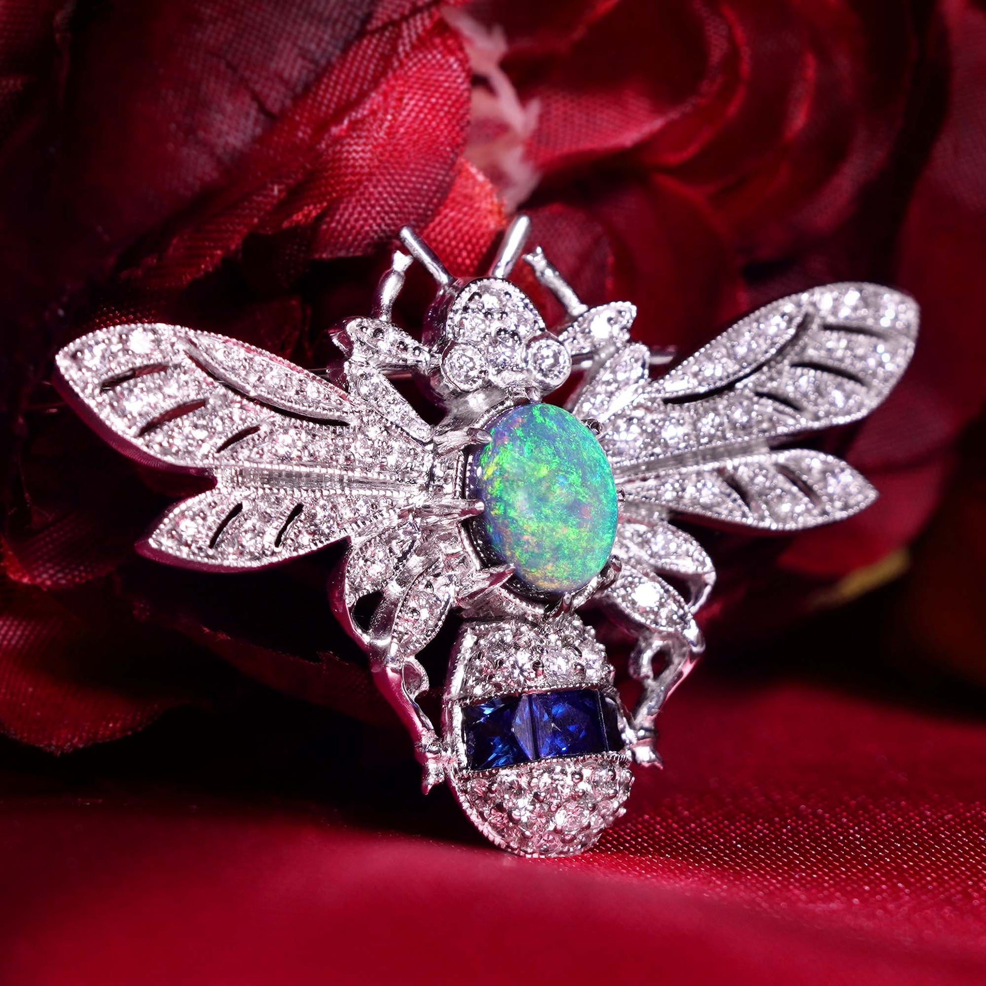 Black Opal & Sapphire Diamond Pave Vintage Inspired Antique Style Bee Brooch