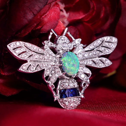 Black Opal & Sapphire Diamond Pave Vintage Inspired Antique Style Bee Brooch