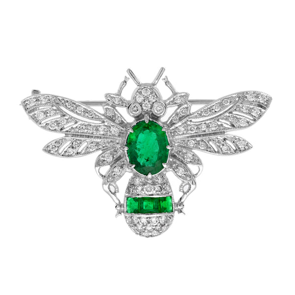 3.31 Ctw Vintage Inspired Antique Style Emerald & Diamond 18K White Gold Bee Brooch