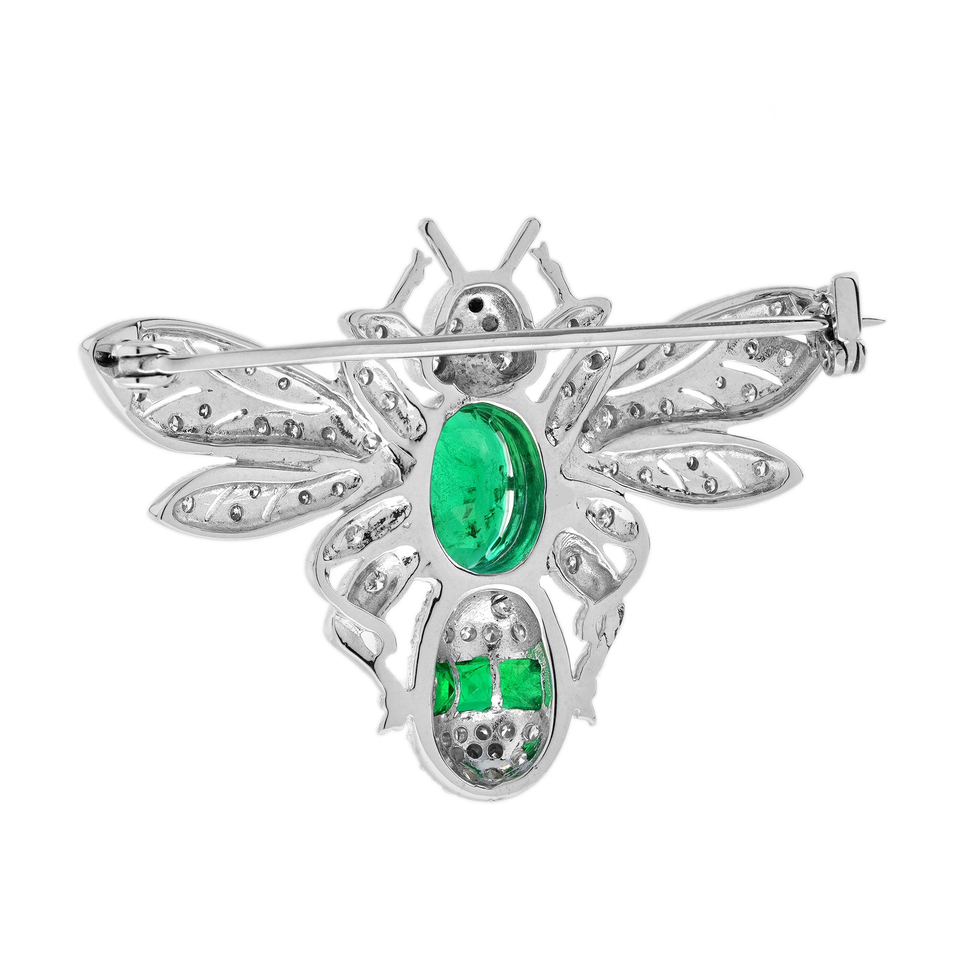 Oval Cut Green Emerald &amp; Diamond Vintage Inspired Antique Style Bee Pin Brooch