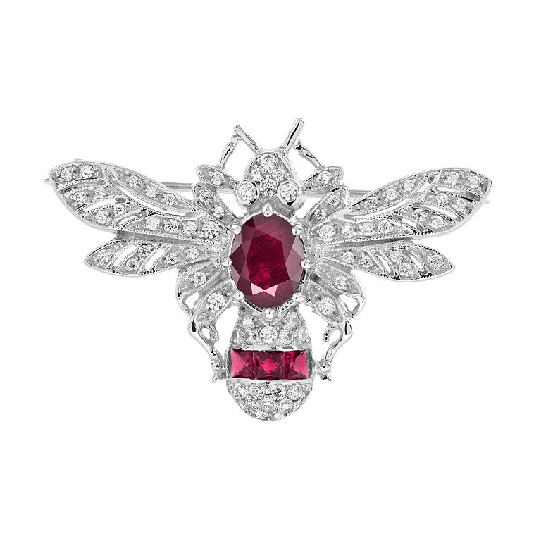 Wonderland Bee Oval Red Ruby &amp; Diamond Vintage Style 14K White Gold Pin Brooch