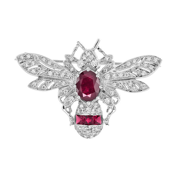 4.69 Ctw Vintage Style Diamond & Ruby 14K White Gold Bee Motif Brooch