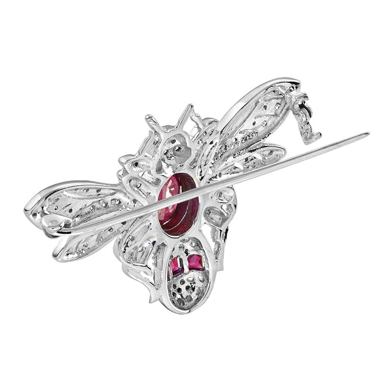 Wonderland Bee Oval Red Ruby &amp; Diamond Vintage Style 14K White Gold Pin Brooch