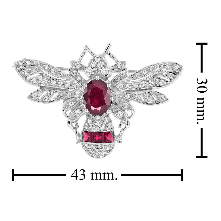 Wonderland Bee Oval Red Ruby &amp; Diamond Vintage Style 14K White Gold Pin Brooch