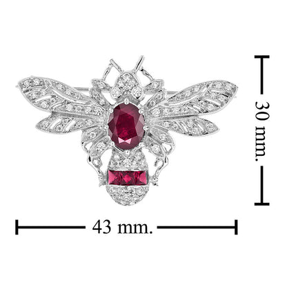 Wonderland Bee Oval Red Ruby & Diamond Vintage Style 14K White Gold Pin Brooch