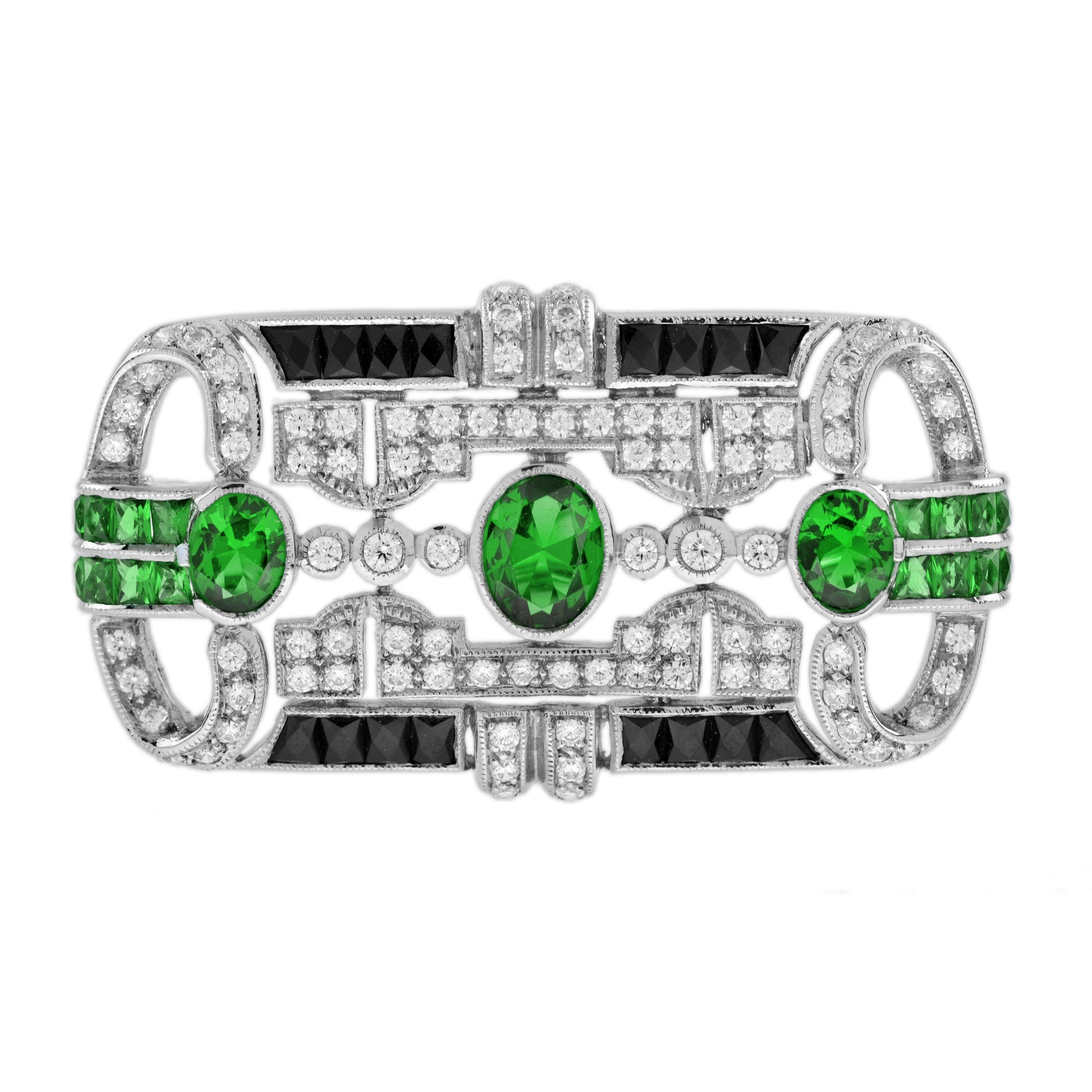 7.09 ctw Art Deco Style Tsavorite, Diamond & Onyx Brooch 14K White Gold