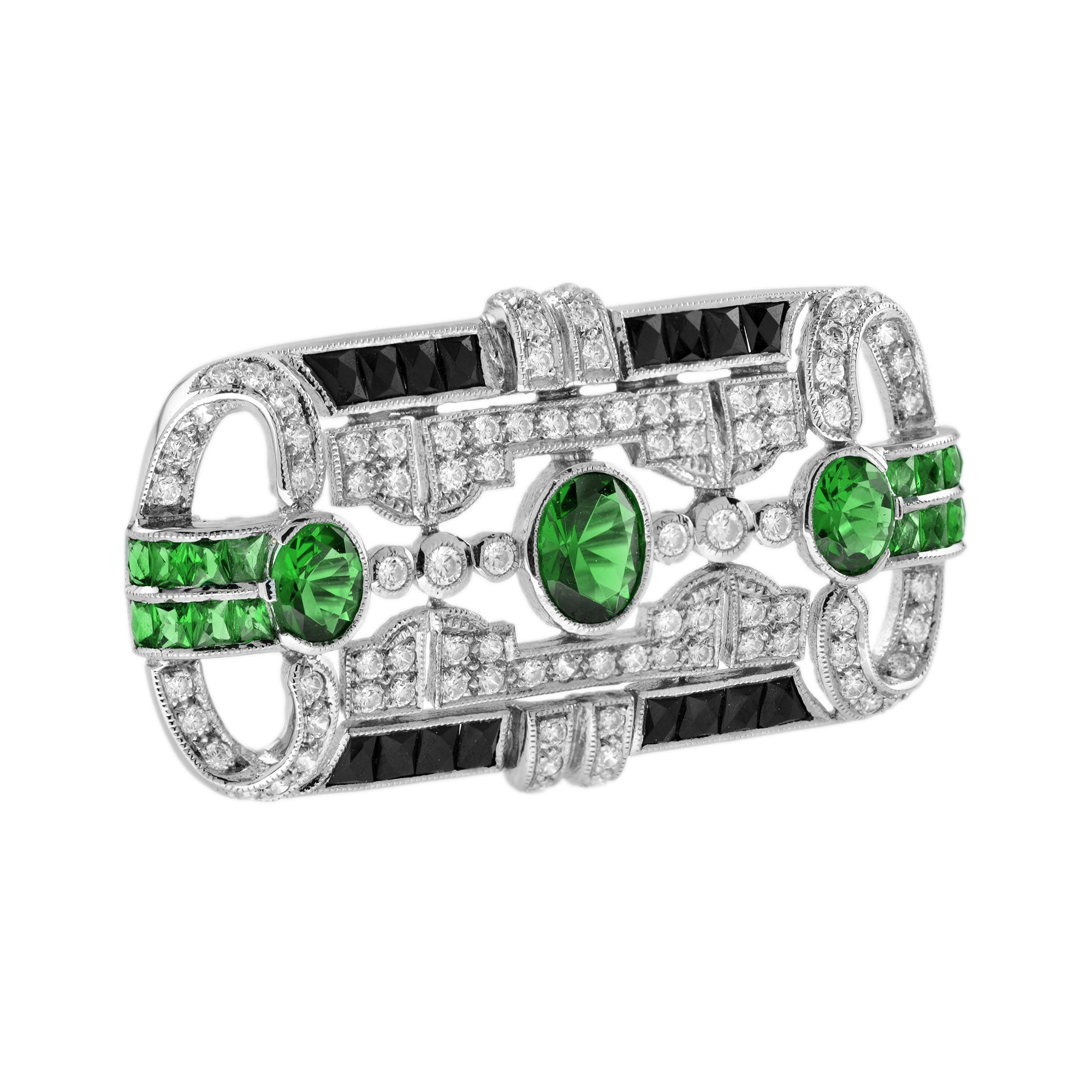 Green Tsavorite & Black Onyx Diamond Art Deco Style 14K White Gold Pin Brooch