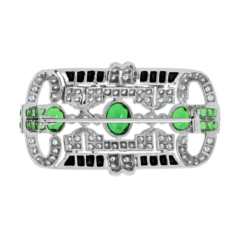 7.09 ctw Art Deco Style Tsavorite, Diamond & Onyx Brooch 14K White Gold